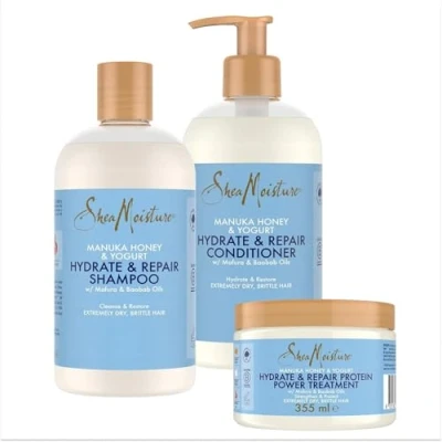 Imagen de SheaMoisture Champú, Acondicionador y Tratamiento con Proteínas para cabello extremadamente seco quebradizo Miel de Manuka Yogur pack el cuidado del 2x 384 ml, 1x 355 ml