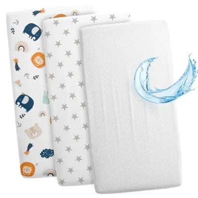Imagen de sábana Ajustable para Cochecito de niño y moisés Cuna Juego 3: 90 x 55 cm 2X Funda con 1x Protector colchón Impermeable Ajustable. Estrellas Blancas