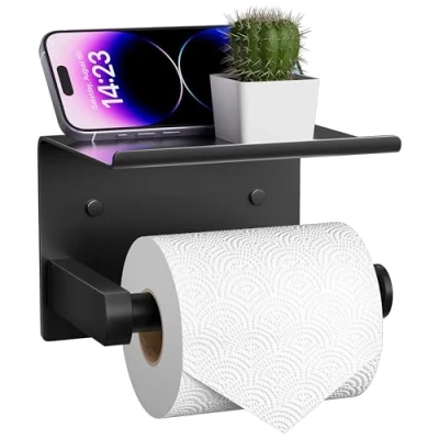Imagen de ARSUK Portarrollos Papel higiénico sin Taladro Autoadhesivo con balda, Acero Inoxidable 14x9.5x11cm (Revestido Negro)