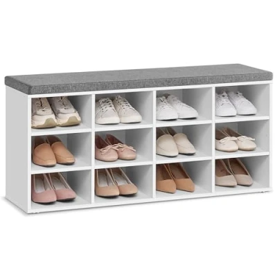 Imagen de VASAGLE Banco Zapatero, Zapatero con Asiento, Cojín y 12 Compartimientos, Estantes Ajustables, para Entrada, Sala de Estar, 30,3 x 104 48 cm, Blanco Clásico LHS012W14
