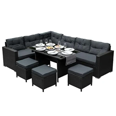 Imagen de Set Conjunto de Muebles Jardín Ratán Negro con Sofá 9 Plazas Exterior Balcón Patio Terraza Salón Cojines Impermeables Mesa Vidrio Templado Protección UV Funda Impermeable GRATIS