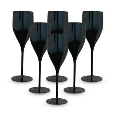 Imagen de BRYNA Set 6 Piezas Vasos Flute de 18 Cl Policarbonato (Plástico Rígido), 100% Diseño Italiano, Irrompibles, Copas Vino Reutilizables y Lavables en Lavavajillas, Negro