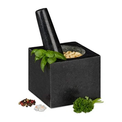 Imagen de Relaxdays 10029955 Mortero Granito con Mano, Cuadrado, Duradero, Especias, Ajo, Moledor Piedra Pulida, 9,5x11x11cm, 250ml, Gris