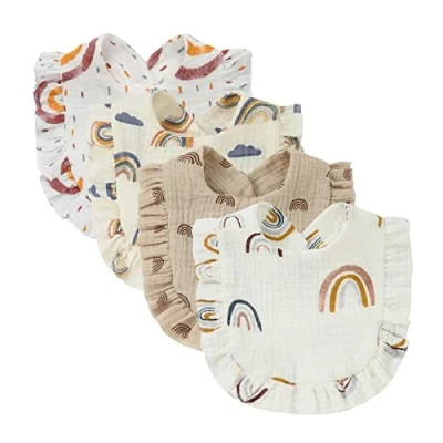 Imagen de Nishine Paquete de 4 baberos muselina sólida para bebé, Unisex niños y niñas, ajustables algodón la dentición alimentación (Arco Iris)