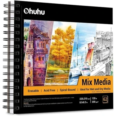 Imagen de Ohuhu Cuaderno de Dibujo 124 páginas / 62 hojas 200 g/m2 Tapa Dura Encuadernado en Espiral Papel sin ácido, Sketchbook para Marcador Acrílico Acuarela, 225mm x 210mm