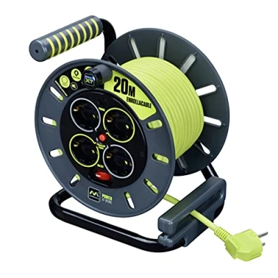 Imagen de Masterplug Pro XT Enrollacable 20m, Alargador 4 Eschufes Schuko, Extensión Electico 3000w Gris/Verde
