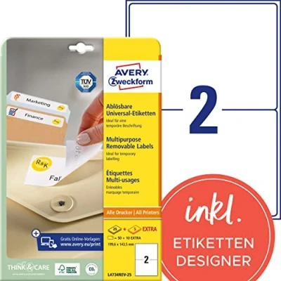 Imagen de Avery España L4734REV 25 etiquetas blancas removibles multifunciones, 199,6 x 143,5 mm, 50 por cajas