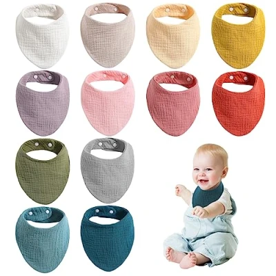 Imagen de Baberos Bebe Bandanas,12 Piezas Bandanas Suave &amp; Absorbente,Bandanas 100% Algodón Orgánico con 2 Ajustables Botón a Presión, de Bebé Drool Babero para Niños Niñas
