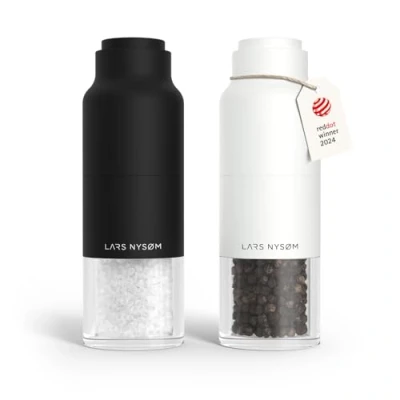 Imagen de LARS NYSØM Juego de Molinillo Sal y Pimienta Acero Inoxidable con Ajustable I Diseño Botella Especias Manual (Black/White)