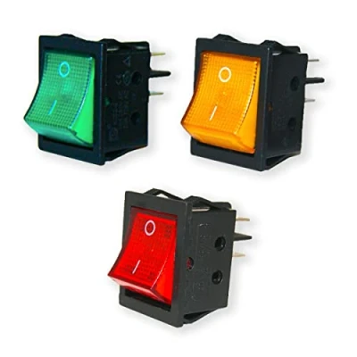 Imagen de GOLDMAN SERVICE Set de 3 Interruptores Basculantes bipolares DPST con luz piloto ON OFF. 4 Vías, 16A, 250V AC. Colores Rojo, Verde y Naranja.