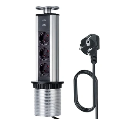 Imagen de LEUTED enchufe retráctil de 3 enchufes para cocina, mesa con 2 USB, regleta seguridad niños y cable 1,8 m, completo en mesa, múltiple oficina, taller,