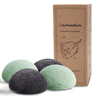Imagen de myHomeBody Esponjas Faciales Naturales de Konjac para Limpieza y Exfoliación Suave del Rostro con Carbón Activado Aloe Vera, Set 4 piezas