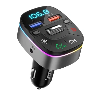 Imagen de LENCENT Transmisor FM para Coche Bluetooth 5.0, Cargador de QC3.0, Adaptador Música Radio AUX, Micrófonos Duales y Sonido Bajo, Soporte Manos Libres, Siri Google Assistante