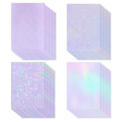 Imagen de 32 hojas de lámina adhesiva transparente, 210 x 297 mm, película holográfica y holográfica, iridiscente brillante autoadhesiva para manualidades, ventanas, A4, impermeable,
