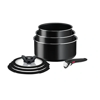 Imagen de Tefal Ingenio Easy On Juego de 3 Cazos + Tapas Mango extraíble: 16/18/20cm tapas, sartenes antiadherentes, revestimiento titanio, Thermo signal, lavavajillas y horno