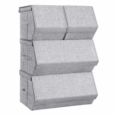 Imagen de SONGMICS Juego de 4 Cajas Almacenamiento con Tapas, Apilables, Cubos Cierres Magnéticos, Tela, Marco Metal, para Ropa, Libros, Gris RLB22GY