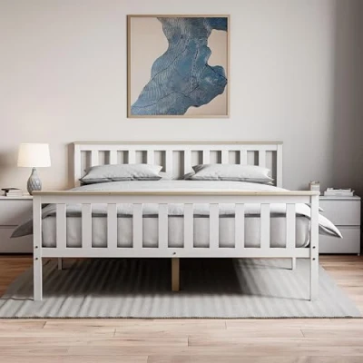 Imagen de Amazon Basics Vida designs Cama tamaño King Milan, Marco de Cama, Madera Pino Macizo, cabecero, Muebles Dormitorio Extremo Alto, 5 pies,1,52 m, Blanco y Pino, 82 x 157 206.5 cm