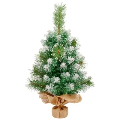 Imagen de 60 cm/2ft Mini Árbol de Navidad Mesa Artificial 65 Puntas, con Decoración Copos Nieve, 2 Tipos Hojas Pino, Base Lino, Algodón y Cemento para Decoraciones Navideñas