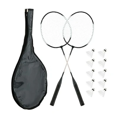 Imagen de Relaxdays Juego de Bádminton con Bolsa, 2 Raquetas y 10 Volantes, Set Pelotas para Niños Adultos, Blanco Negro, Hierro, 66 x 20 2,5 cm