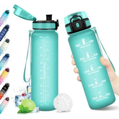 Imagen de Cantimplora 1L, Botella de Agua con Marcador Tiempo, Filtro, Deportiva Antiderrame Reutilizable, sin BPA para Adulto, Running, Cámping, Oficina, Bicicleta, Fitness