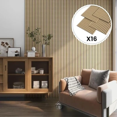Imagen de NEU.HOLZ Set de 16x Paneles Pared Acústicos Revestimiento Paredes Listones Decorativos en MDF y Fieltro 120 x 60 2 cm (11,52 m²) Roble Claro