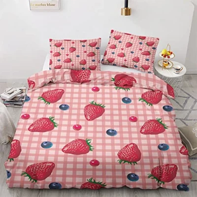 Imagen de Funda Nordica Cama 90 Fresas Edredon 150x220 cm y 1 de Almohada 50x75 cm, Juego Ropa 2 Piezas, Fundas Nordicas Microfibra Suave