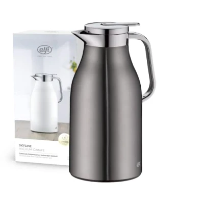 Imagen de alfi SKYLINE 1,5 l, jarra isotérmica de acero inoxidable con inserción higiénica vidrio duro, tapón rosca cómodo pulsador, mango ergonómico a una mano, ideal como café o té, sin BPA
