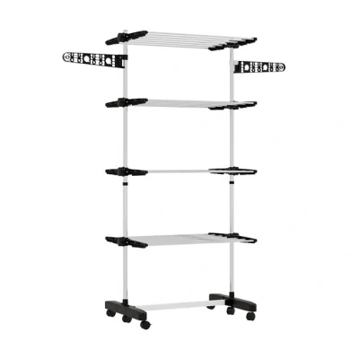 Imagen de HOMCOM Tendedero Vertical Plegable de Ropa con 6 Ruedas 2 Laterales Abatibles Estantes Ajustables y Marco Acero Inoxidable para Interior Exterior Negro Plata