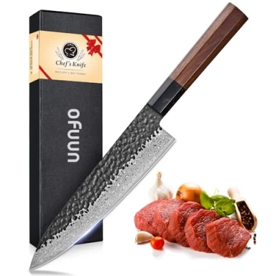 Imagen de oFuun Cuchillo de Chef Damasco, 20 cm Cocina Profesionales, Cuchillos Japones Acero alto Carbono, Mango Palo Rosa y Caja Regalo