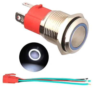 Imagen de GUUZI Pulsador Momentáneo de 220V/15A, sin luz LED Blanca Impermeable, Arranque Metal 19mm con Cable Enchufe