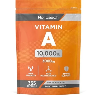 Imagen de Vitamina A Pura 10000 UI 1 año de Suministro 365 Cápsulas Para la Vista, Sistema Inmunitario, Piel y Hierro Alta Potencia Horbaach