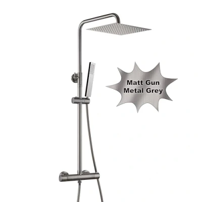 Imagen de Görbach Columna de Ducha Termostático Acero inoxidable 304 Conjunto Monomando Grifos Termostaticos Hidromasaje con Mano y Cuadrada Lluvia 25x25cm Gris bronce cepillado