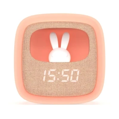 Imagen de Despertador y Luz Nocturna para Niños Billy Clock con Conejo Tela Silicona Soft Touch Programación Fecha, Hora 2 Alarmas Brillo Ajustable Rosa Mob