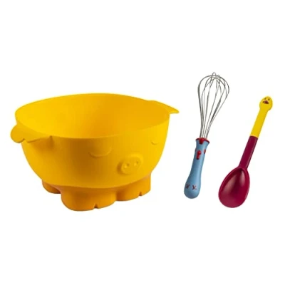 Imagen de KUHN RIKON Juego de 3 cuencos para mezclar, batidor, cuchara mezcladora infantil, diseño animales, amarillo, rojo y azul