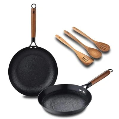 Imagen de MasterPro ODIN Kit de Cocina: Sartén 24cm y 28cm 3 Utensilios Hierro Prensado Resistente Revestimiento Cerámico Antiadherente Mangos Acacia Apto Todas Cocinas Libre PFAS