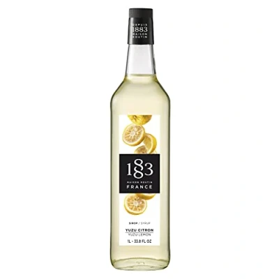 Imagen de 1883 Yuzu Jarabe de limón saborizado para bebidas calientes y heladas sin gluten, vegano, OMG, Kosher, conservantes, fabricado en Francia Botella vidrio 1 litro (33.8 fl oz)