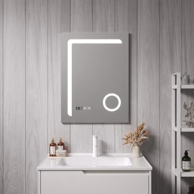 Imagen de pro.tec Espejo de Pared con LED para Baño Lupa 3X Reloj Interruptor Táctil Instalación Vertical IP65 3 Opciones Temperatura Luz Blanca Aluminio 80 x 60 cm Plateado