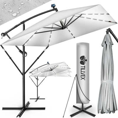 Imagen de tillvex® Sombrilla de Jardín Rectangular Ø 330 cm con Manivela + Funda soporte &amp; Protección Viento Parasol mercado impermeable UV (Gris LED)