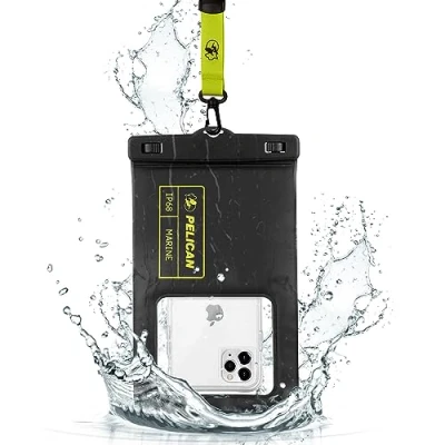 Imagen de Pelican Marine funda impermeable IP68 para teléfono (tamaño XL), flotante iPhone 15 Pro Max/14 Max/13/12/S24 Ultra/S23/S22/Pixel 8 Cordón desmontable Negro/Amarillo de