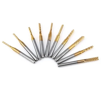 Imagen de 10pcs carburo de tungsteno del molino extremo capa titanio 1.5mm 3.175mm fresado corte bits grabado CNC fresas rotativas conjunto