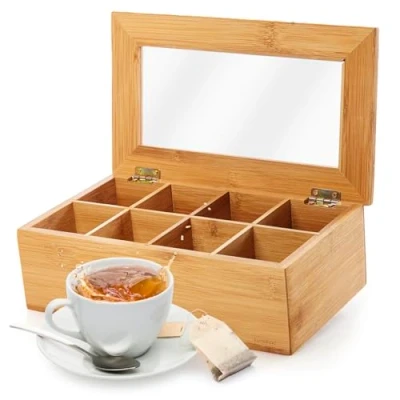 Imagen de Lumaland Caja para Té e Infusiones de Bambú Madera Bolsas con 8 Compartimentos Material Sostenible, Duradero y Decorativo