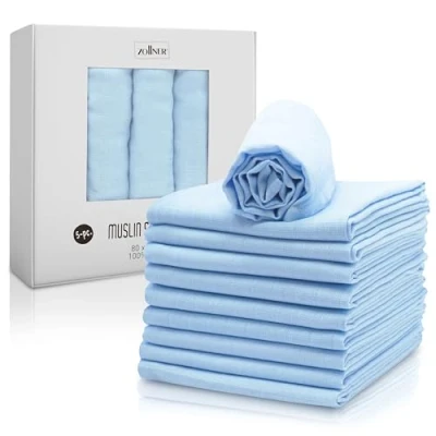 Imagen de ZOLLNER 5 muselinas para bebé, 80x80 cm, Suave algodón 100%, azúl, con Caja