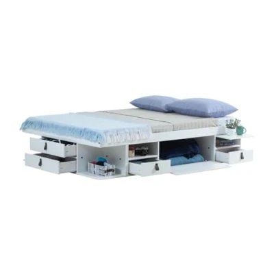 Imagen de Cama Funcional Bali 140x200 cm Blanco con cajones y Mucho Espacio de Almacenamiento, Ideal para dormitorios pequeños Doble cajón MDF lacada en Incl. somier láminas