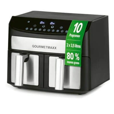 Imagen de GOURMETmaxx freidora de doble cámara 2 x 3,5 L acero inoxidable con zonas cocción sincronizadas, función temporizador y pantalla táctil freír ahorrando energía 10 programas