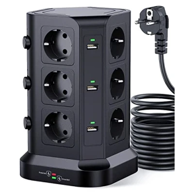 Imagen de [5M Cable] KOOSLA Regleta Vertical con 12 enchufes y 6 USB A,Enchufe Multiple 3 interruptores Individuales,Cable de 5M,Regleta Proteccion sobretension,Negro