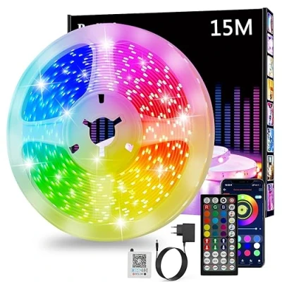 Imagen de Tira LED, Luces Led 15 metros, Habitacion, RGB Bluetooth Tiras Luz Adhesiva con Control Remoto y Inteligente de APP, Cambia el Color la Musica, Para Decoración Bares