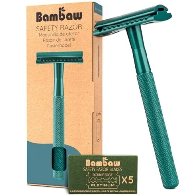 Imagen de Bambaw Maquinilla de Afeitar Clásica Doble Filocon 5 cuchillas afeitar, para Mujeres y Hombres, Single Blade Safety Razor Verde Azul