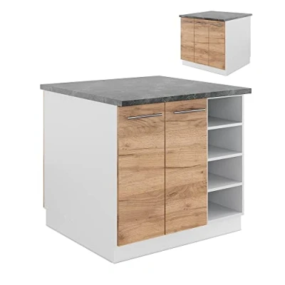 Imagen de Vicco Isla de Cocina Fame Line, Oro Potencia Roble/Blanco, 90 cm sin encimera