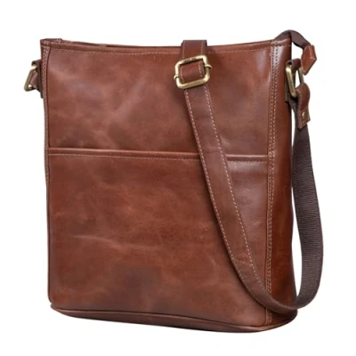 Imagen de LEABAGS Bolso de Cuero para Mujer Bandolera Genuino Hombro Trabajo, Universidad, Escuela y Tiempo Libre Tamaño M (24 x 23 6 cm) Vintage Cognac