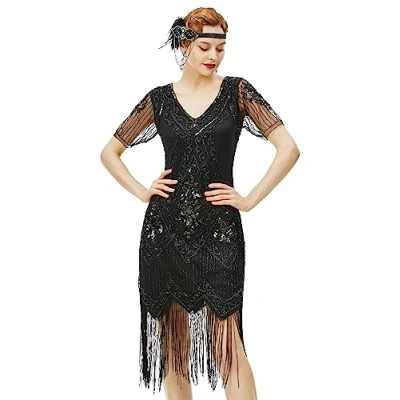 Imagen de ArtiDeco Vestido de Mujer Estilo años 20 con Mangas Cortas, Disfraz Gatsby para Fiestas temáticas Negro/Plateado XXL
